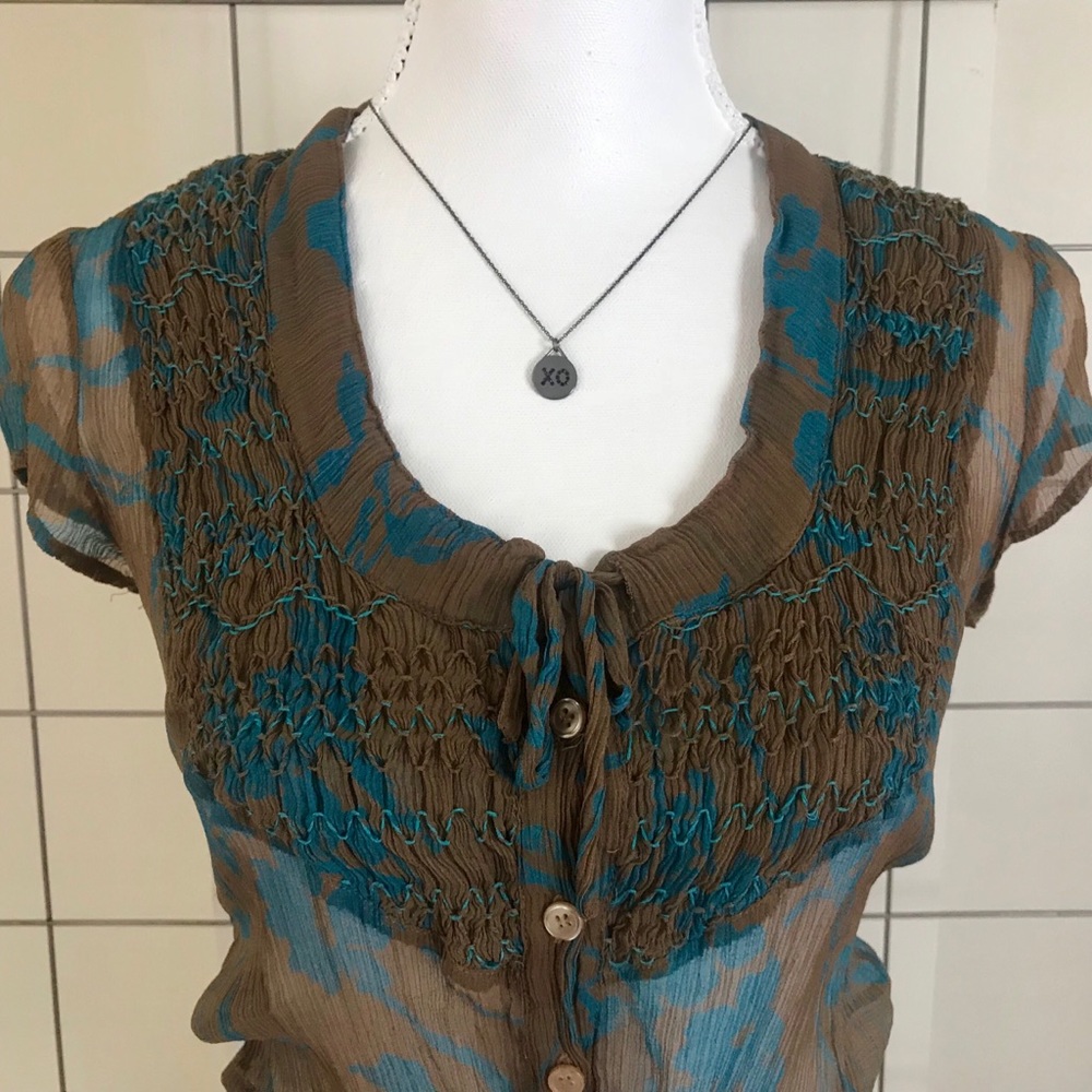 YAYA INTERMIX Brown Blue Sheer Silk Blouse - Picture 4 of 5